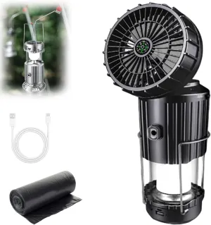 Portable LED Camping Lantern with Fan, 6 in 1 Rechargeable LED Lanterns Camping Fans, Multifunctional Solar Camping Lantern for Tents Power Outage Hurricanes Camping Gear (Black 3000Mah)