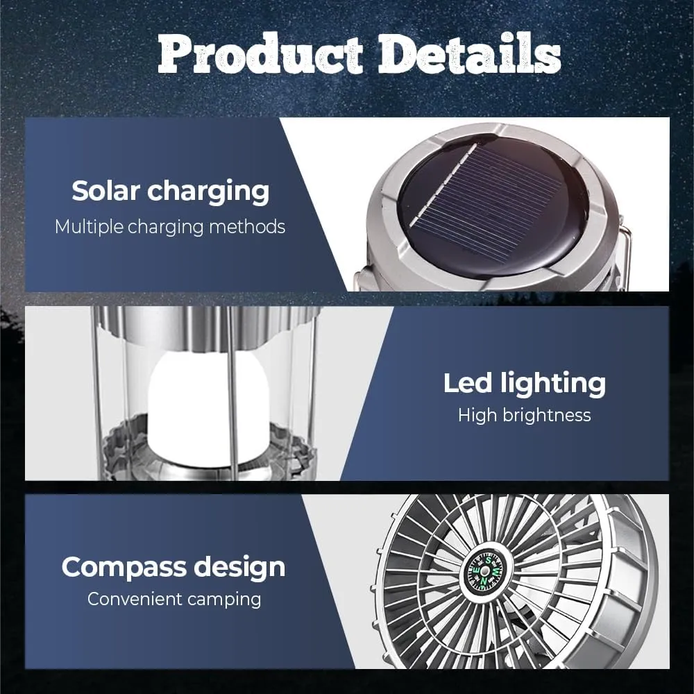 Portable LED Camping Lantern with Fan, New Upgraded Multifunctional Solar Camping Lantern Rechargeable Solar Fan, Tent Camping Fan Hanging with Light (StyleB-Silver)