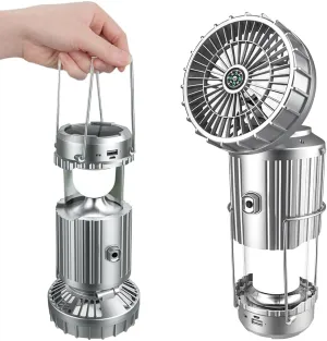 Portable LED Camping Lantern with Fan, New Upgraded Multifunctional Solar Camping Lantern Rechargeable Solar Fan, Tent Camping Fan Hanging with Light (StyleB-Silver)