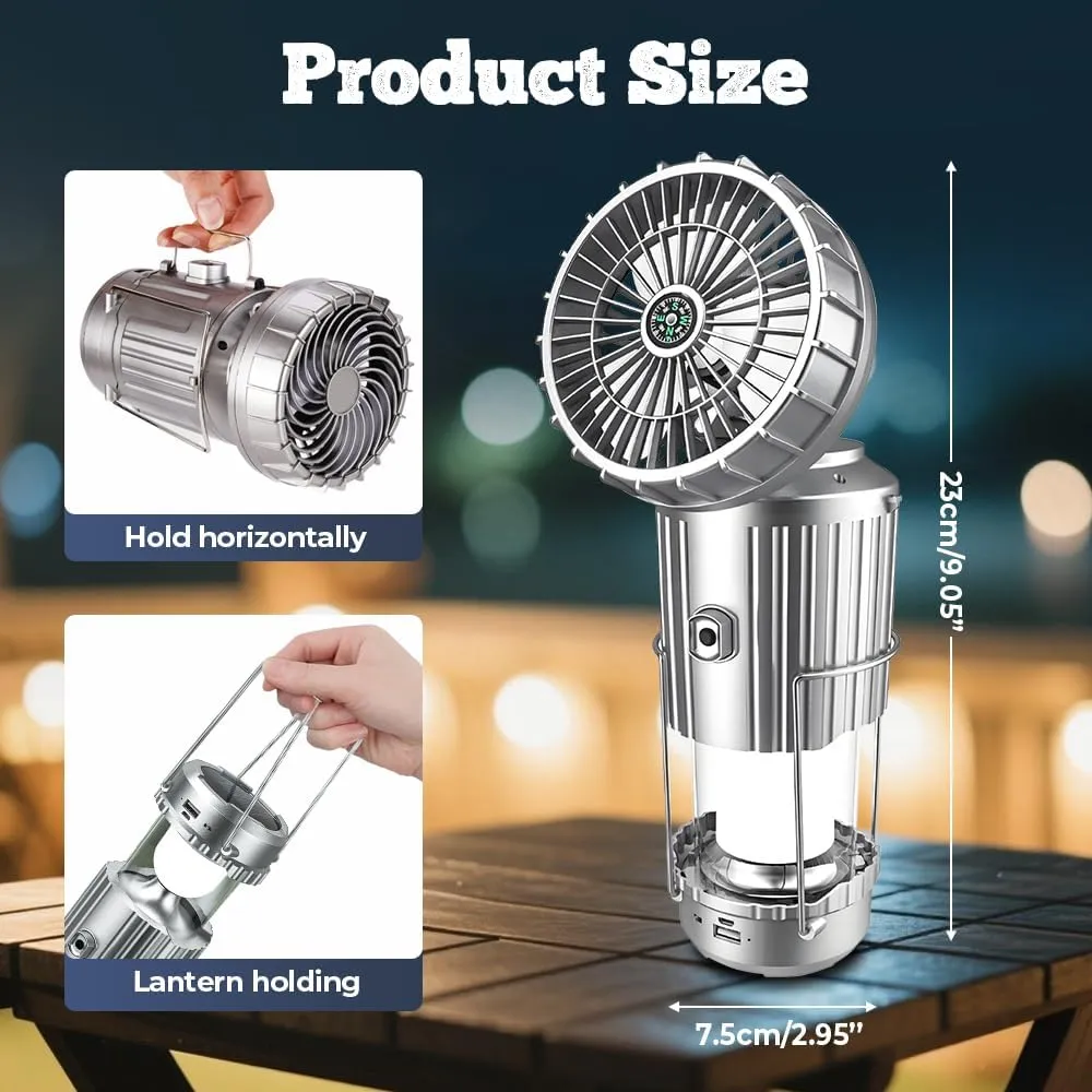 Portable LED Camping Lantern with Fan, New Upgraded Multifunctional Solar Camping Lantern Rechargeable Solar Fan, Tent Camping Fan Hanging with Light (StyleB-Silver)