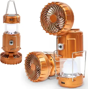 Portable LED Camping Lantern with Fan, Rechargeable LED Lanterns Camping Fans for Tents Power Outage Hurricanes Camping Gear, Multifunctional Solar Camping Lantern (Gold)