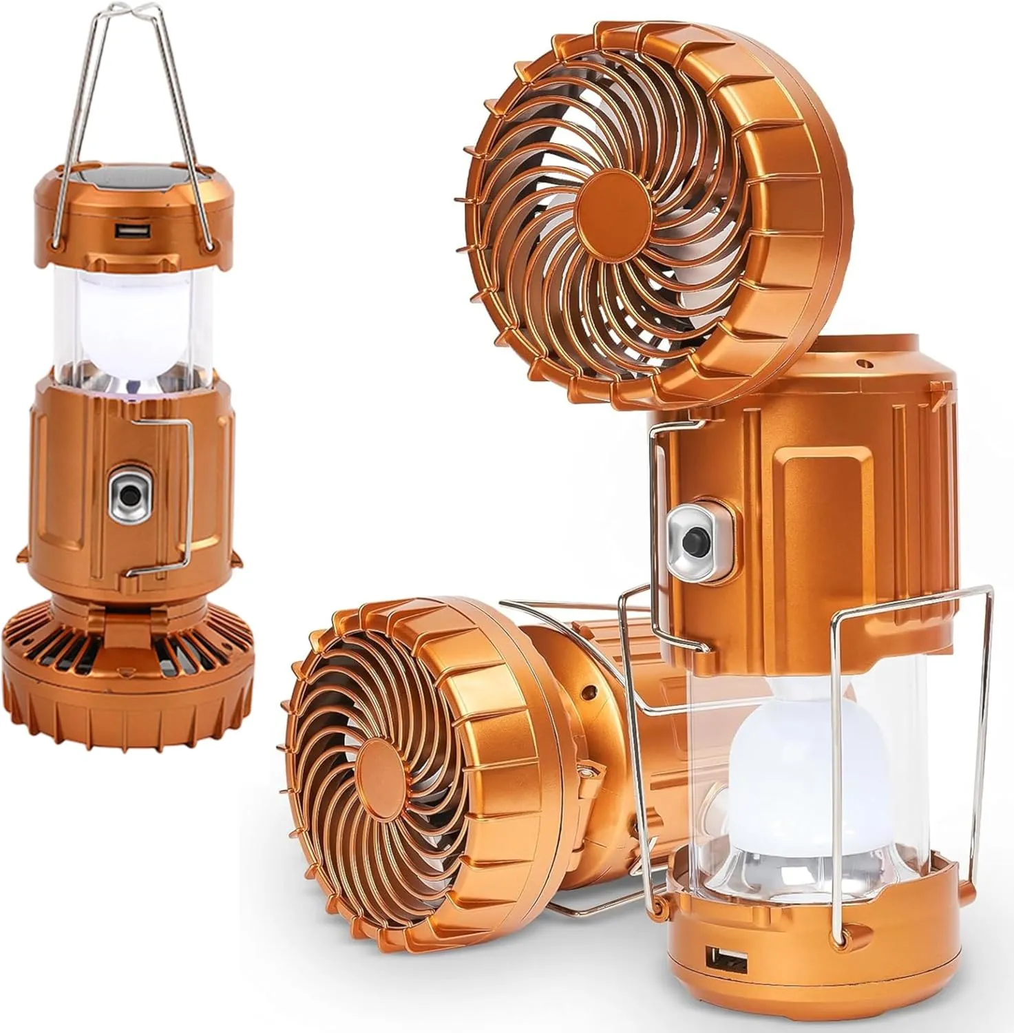 Portable LED Camping Lantern with Fan, Rechargeable LED Lanterns Camping Fans for Tents Power Outage Hurricanes Camping Gear, Multifunctional Solar Camping Lantern (Gold)