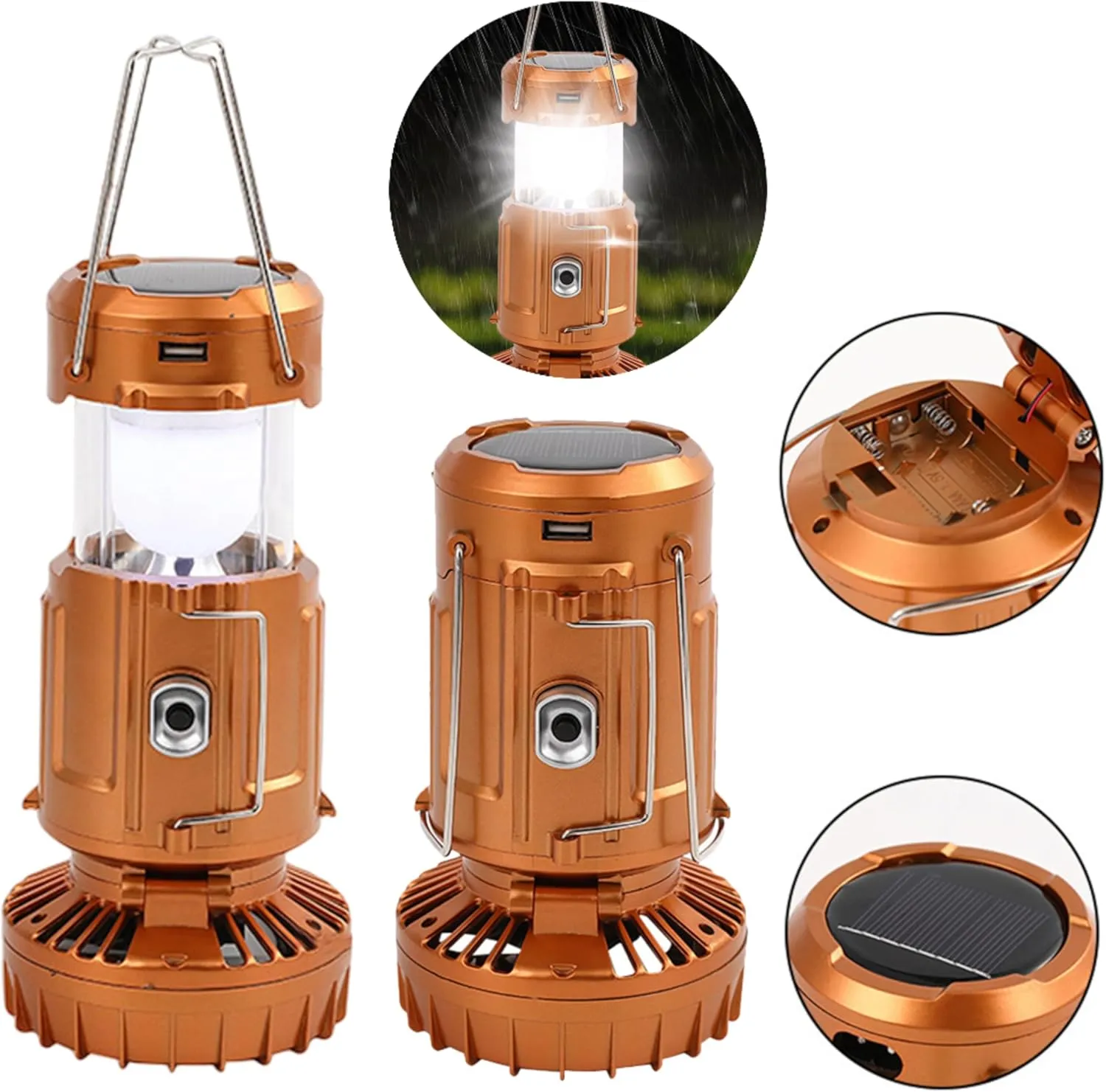 Portable LED Camping Lantern with Fan, Rechargeable LED Lanterns Camping Fans for Tents Power Outage Hurricanes Camping Gear, Multifunctional Solar Camping Lantern (Gold)