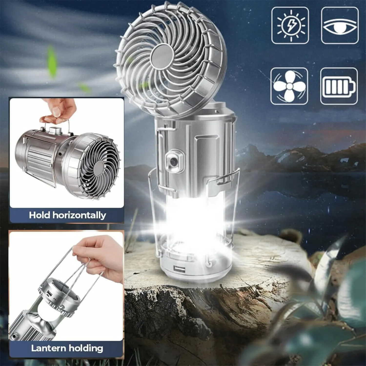 Portable LED Camping Lantern with Fan, Rechargeable LED Lanterns Camping Fans for Tents Power Outage Hurricanes Camping Gear, Multifunctional Solar Camping Lantern (Silver)