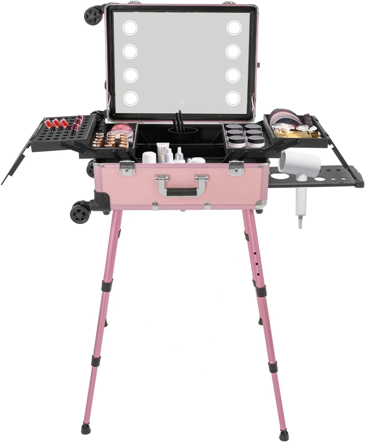 Portable Make-Up Case,Pro Make-Up Station with 4 Rolling Wheels & Lights & Mirror, Trolley Makeup Case with LED Light,Pro Traveling Makeup Tools Easy-to-Clean Extendable Trays, Adjustable Legs