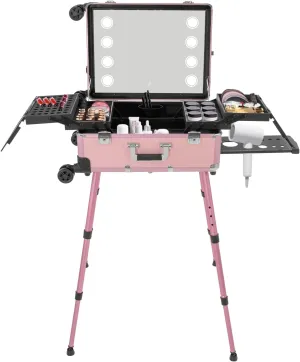 Portable Make-Up Case,Pro Make-Up Station with 4 Rolling Wheels & Lights & Mirror, Trolley Makeup Case with LED Light,Pro Traveling Makeup Tools Easy-to-Clean Extendable Trays, Adjustable Legs