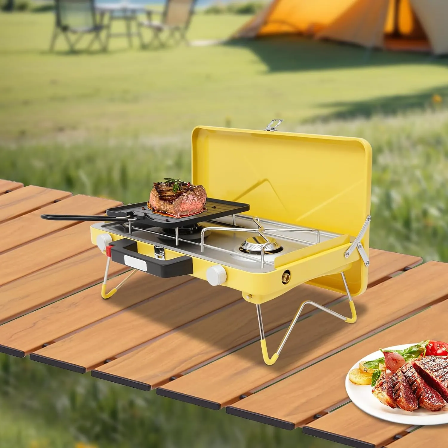 Portable Propane Camping Stove: 2 Burner, Space-Saving, High-Performance, Easy-Clean Design for Outdoor Adventures (Yellow)