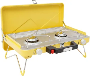 Portable Propane Camping Stove: 2 Burner, Space-Saving, High-Performance, Easy-Clean Design for Outdoor Adventures (Yellow)