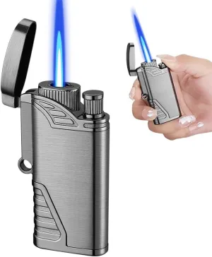 Portable Rechargeable Adjustable Butane Lighter, Metal Windproof Straight Flame, Push Switch, Suitable for Charcoal Fire, Camping, Travel, Kitchen(Black Nickel Brushed)