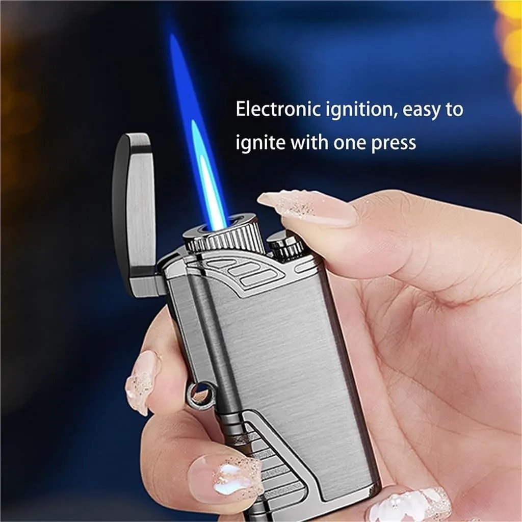 Portable Rechargeable Adjustable Butane Lighter, Metal Windproof Straight Flame, Push Switch, Suitable for Charcoal Fire, Camping, Travel, Kitchen(Black Nickel Brushed)