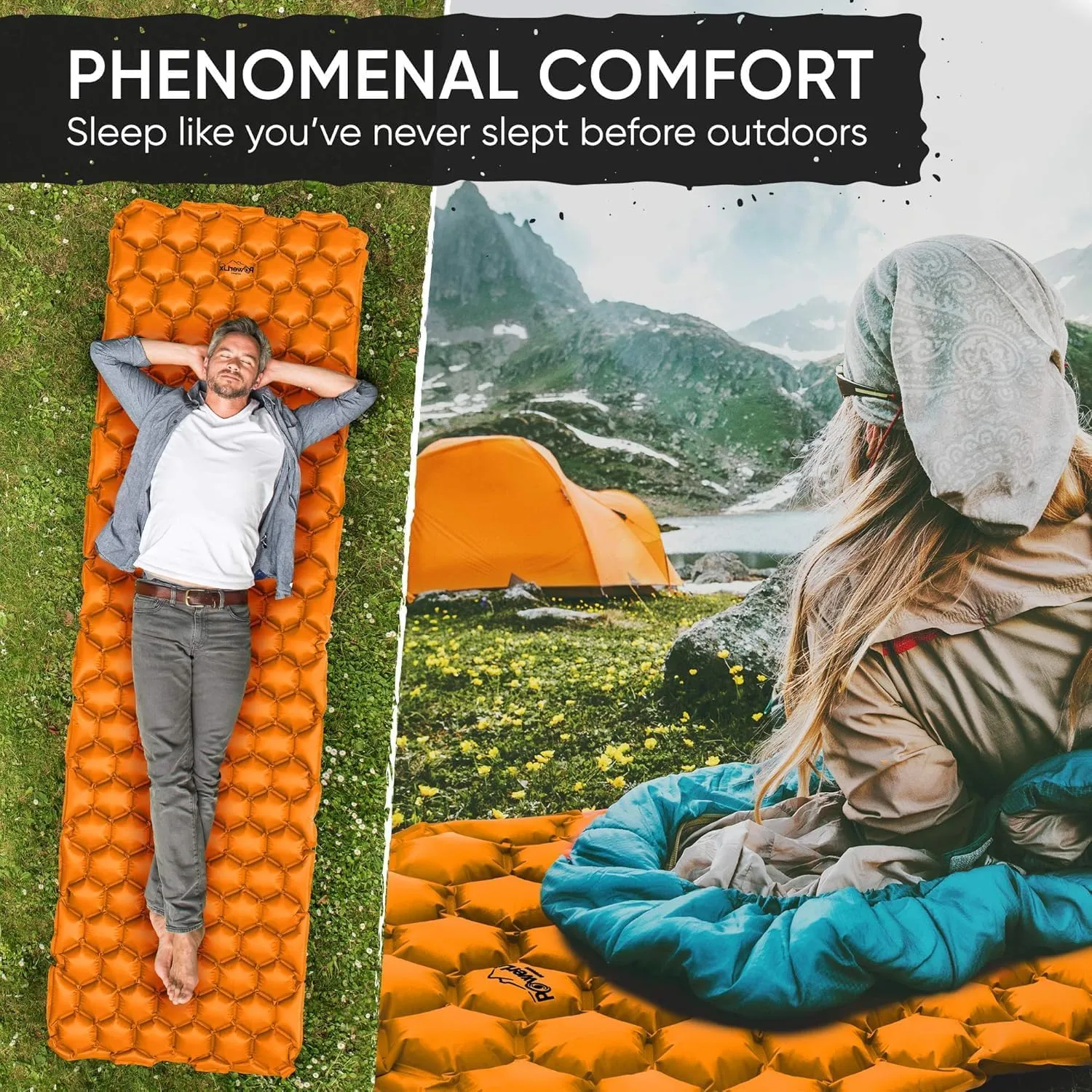 POWERLIX 2 Pack Sleeping Pad for Camping, Ultralight Inflatable Sleeping Mat, Compact Lightweight Self Inflating Camping Air Mattress for Backpacking, Hiking, Traveling Tent, Pump Bag Included