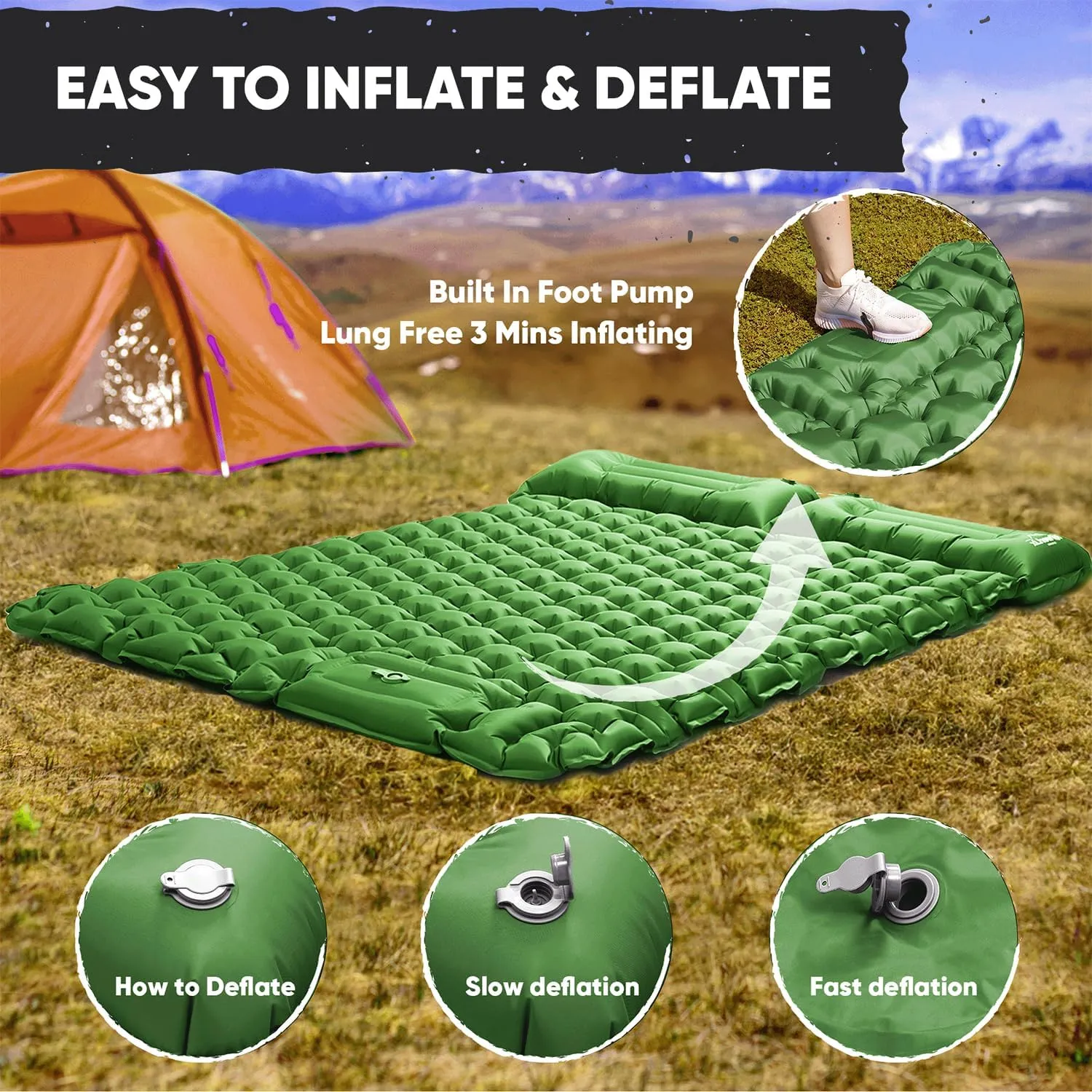 POWERLIX Double Camping Sleeping Pad Camping Pad for 2 Person with Pillow Built-in Foot Pump Inflatable Sleeping Pad, Backpacking, Hiking, Portable Camping Mattress Green