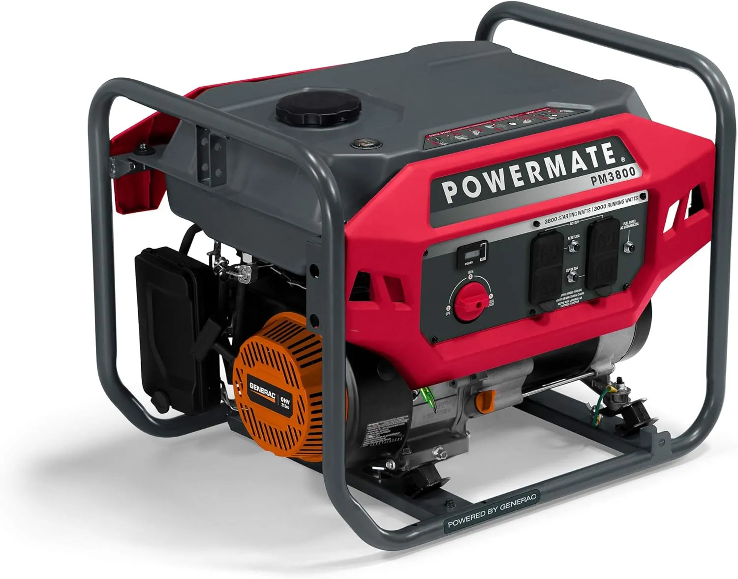 Powermate PM3800 3,800-Watt Gas-Powered Portable Open Frame Generator - Ultra-Quiet Performance - Ideal for Home, Camping, RV and Outdoor Activites - Engine Powered by Generac - 49 State - Red/Black