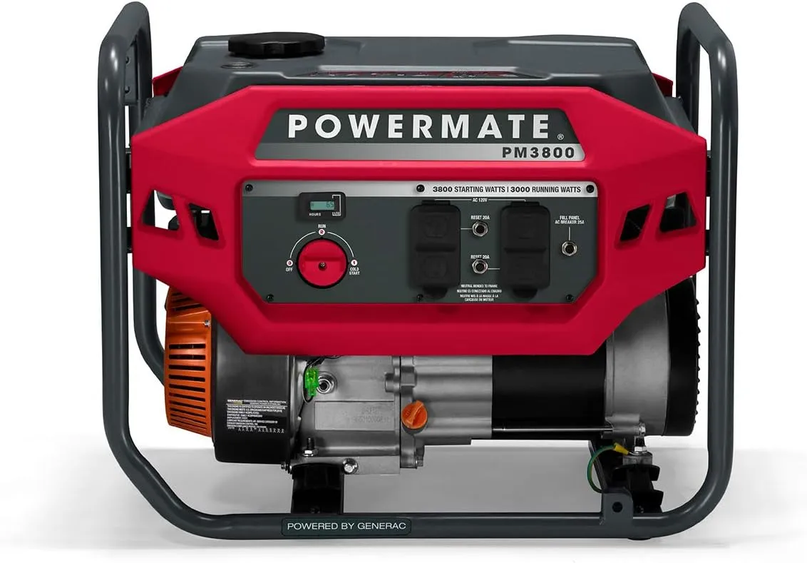 Powermate PM3800 3,800-Watt Gas-Powered Portable Open Frame Generator - Ultra-Quiet Performance - Ideal for Home, Camping, RV and Outdoor Activites - Engine Powered by Generac - 49 State - Red/Black
