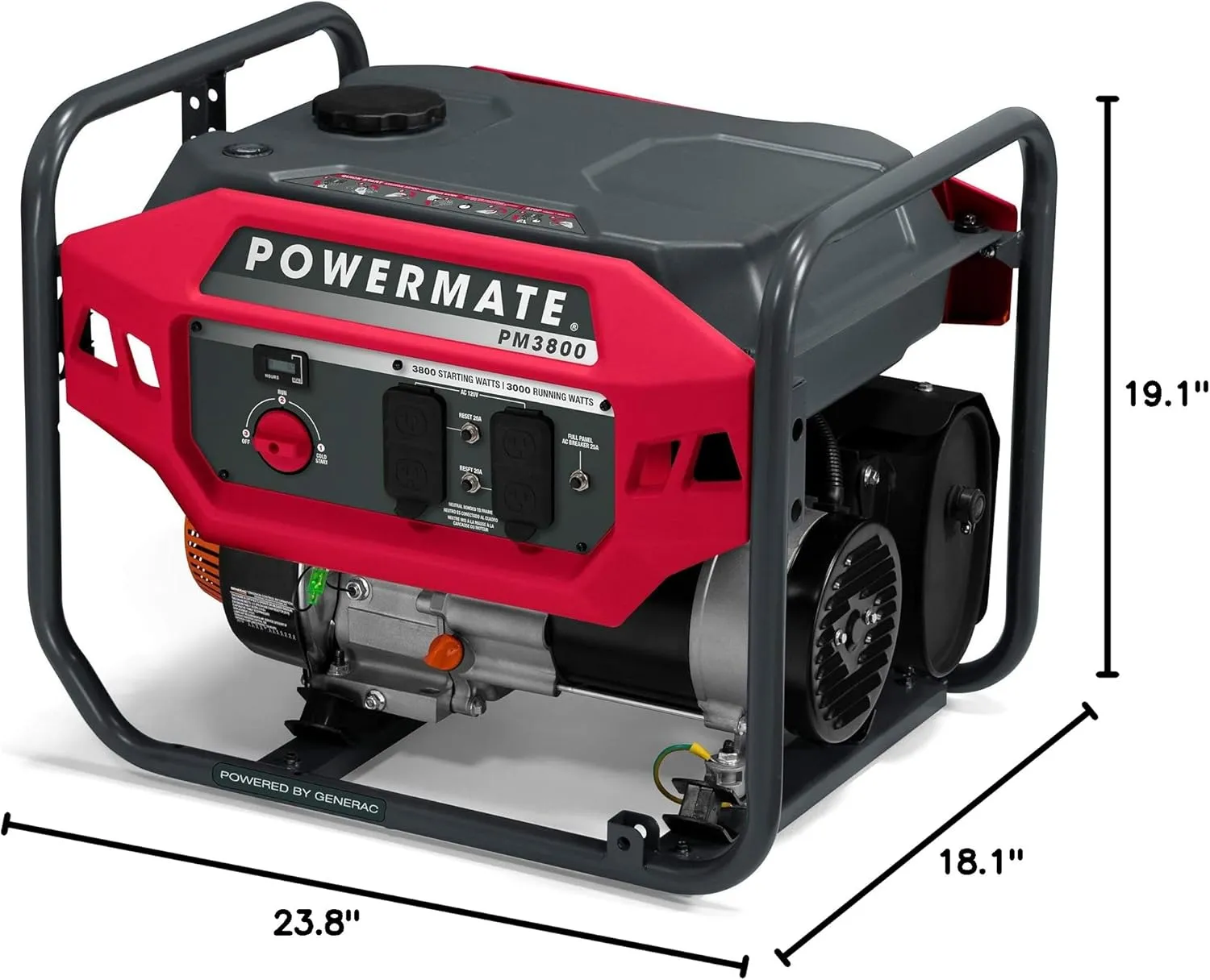 Powermate PM3800 3,800-Watt Gas-Powered Portable Open Frame Generator - Ultra-Quiet Performance - Ideal for Home, Camping, RV and Outdoor Activites - Engine Powered by Generac - 49 State - Red/Black