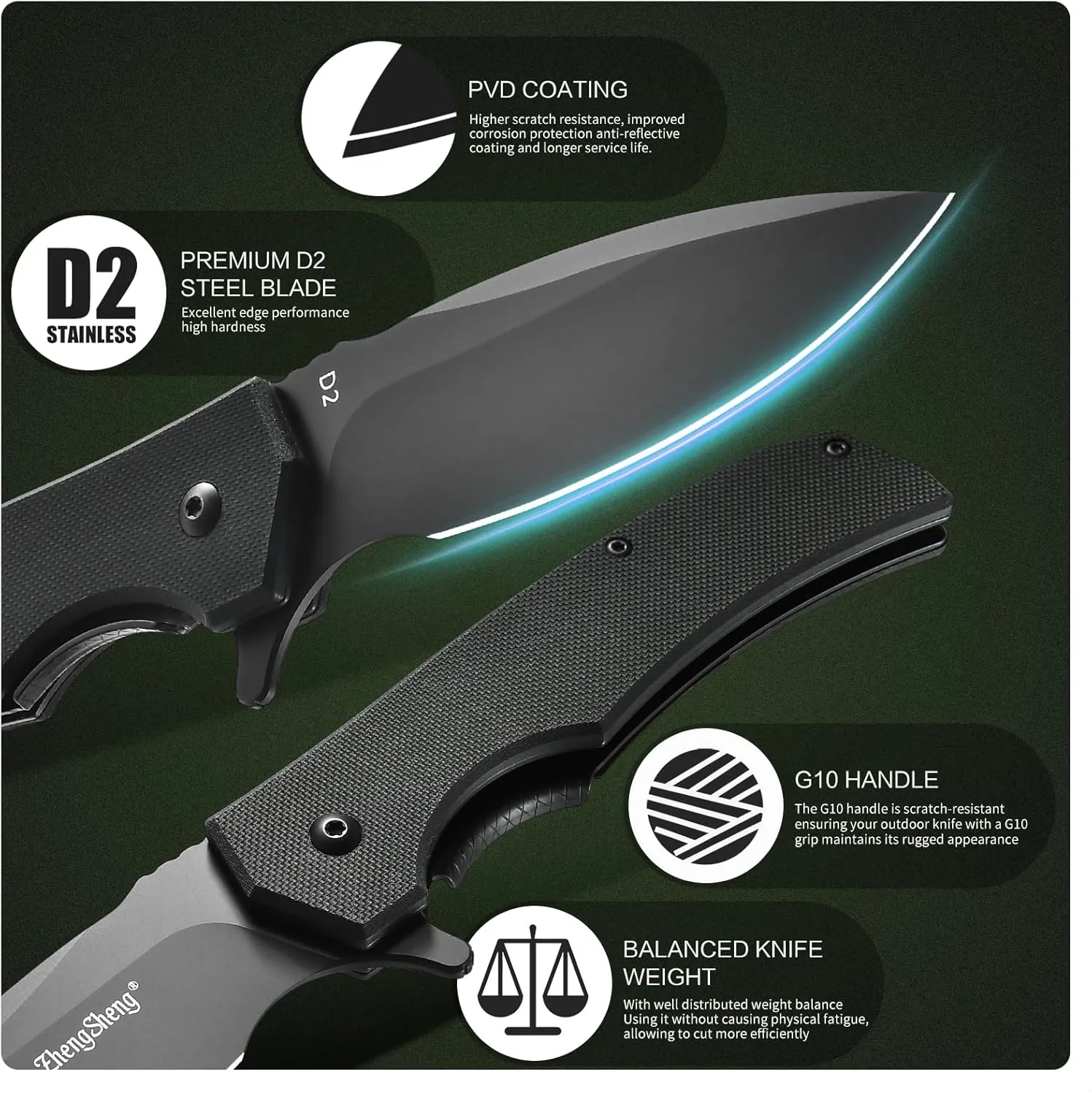 Praxis Folding Pocket Knife, 3.6" PVD Titanium Coating D2 Steel Blade Foldable Knife with G10 Handle Lightweight Camping Survival Hiking Knives