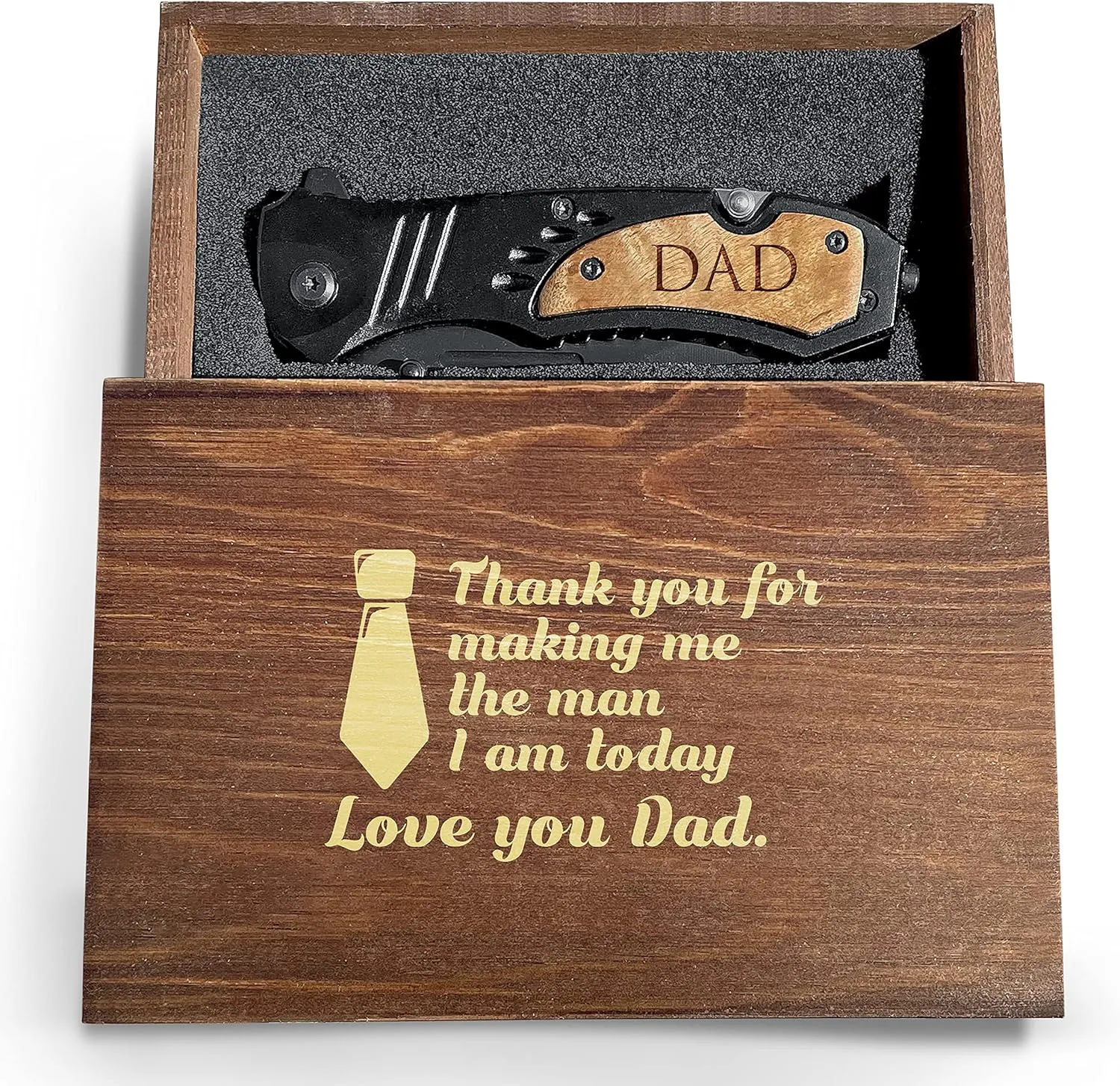 Premium Laser Engraved Folding Pocket Knife Wooden Handle and Gift Box, Foldable Camping Knife for Dad, Fathers Day