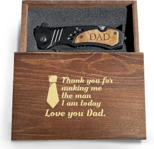 Premium Laser Engraved Folding Pocket Knife Wooden Handle and Gift Box, Foldable Camping Knife for Dad, Fathers Day