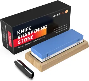 Premium Whetstone Knife Sharpener Stone Dual Sided 1000/6000 Grit, Professional Knife Sharpening Stone, NonSlip Bamboo Base & Angle Guide