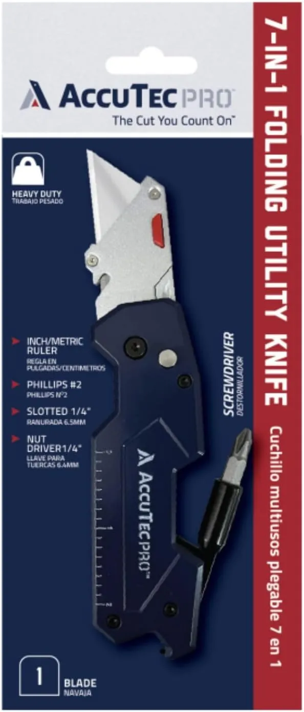 Pro 7-in-1 Utility Knife 1 Blade - Multi-Purpose Tool - Folding Screwdriver, 1/4 Inch Bit Holder, Can/Bottle Opener, Inch/Metric Ruler, Phillips/Slotted Bit - APTL-8007