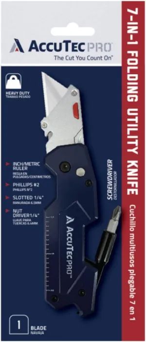 Pro 7-in-1 Utility Knife 1 Blade - Multi-Purpose Tool - Folding Screwdriver, 1/4 Inch Bit Holder, Can/Bottle Opener, Inch/Metric Ruler, Phillips/Slotted Bit - APTL-8007