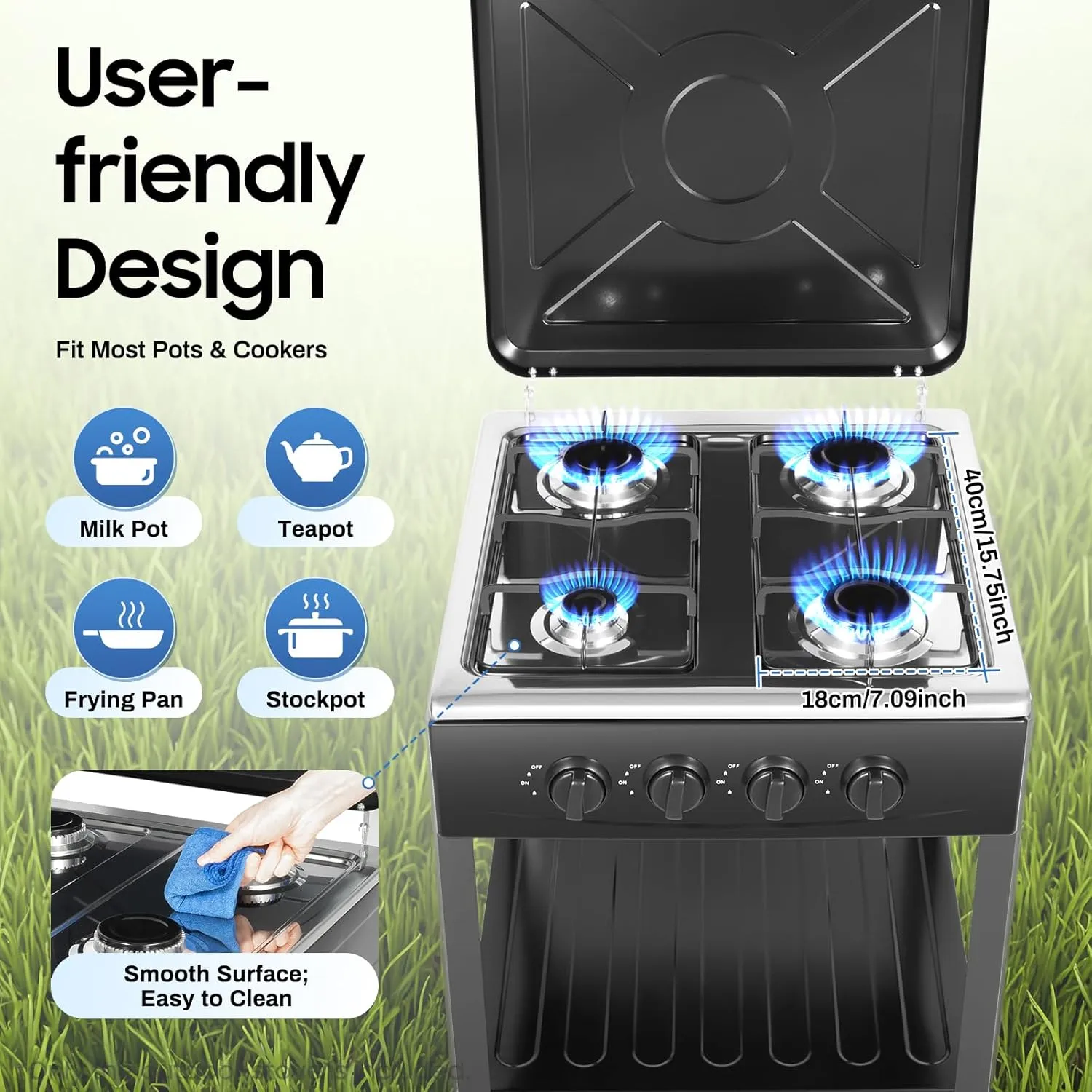 Propane Gas Stove, 4 Hearth Portable Outdoor Gas Stove, Auto Ignition Camping Stove with Support Stand and Windshield Adapter, 300,000 BTU.