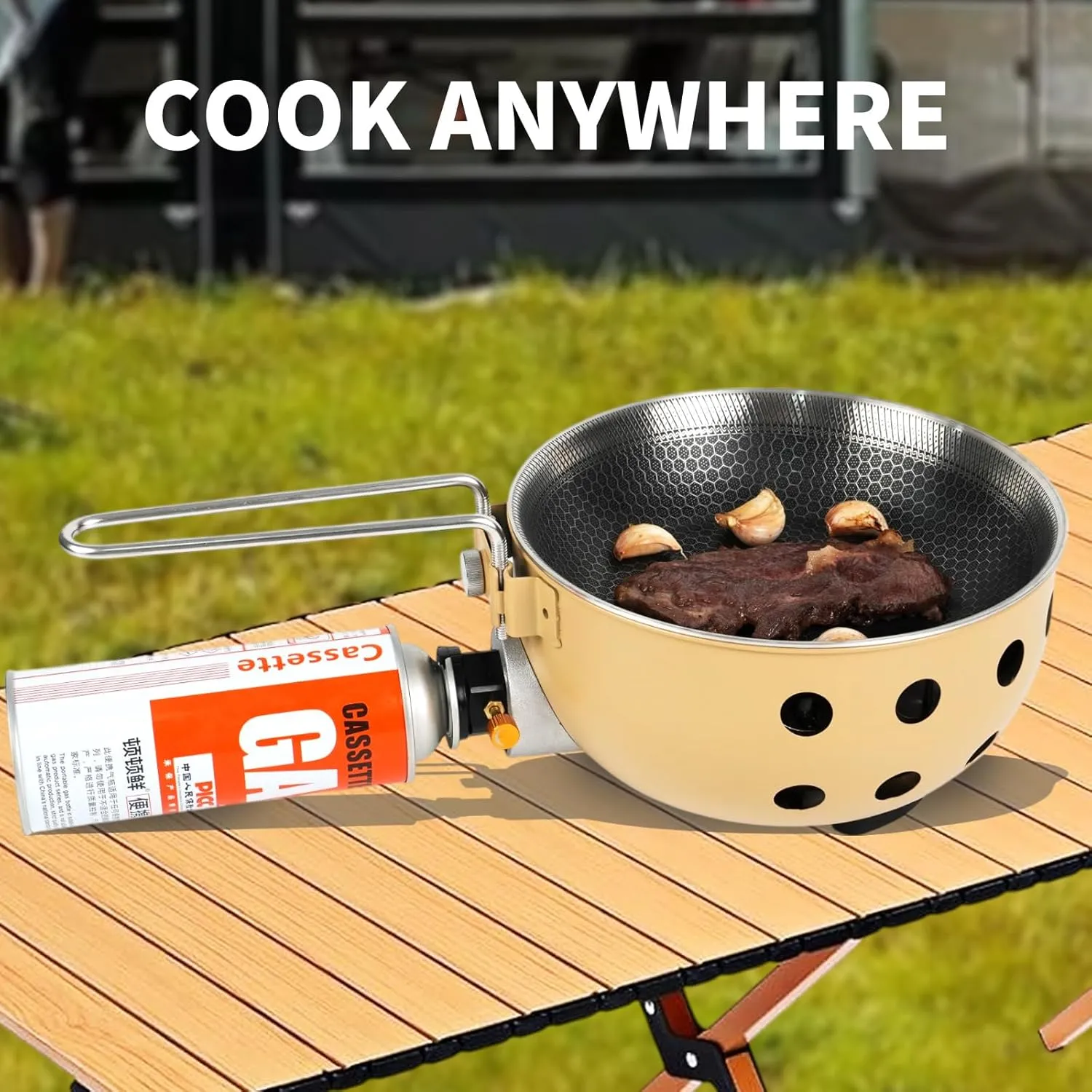 Propane or Butane Portable Windproof Burner Camping Stove,Integrated Pot with Heat Shield and Guard, Outdoor Cooking,Stir-frying,Picnic,Multi-functional Foldable Outdoor Pot (green)