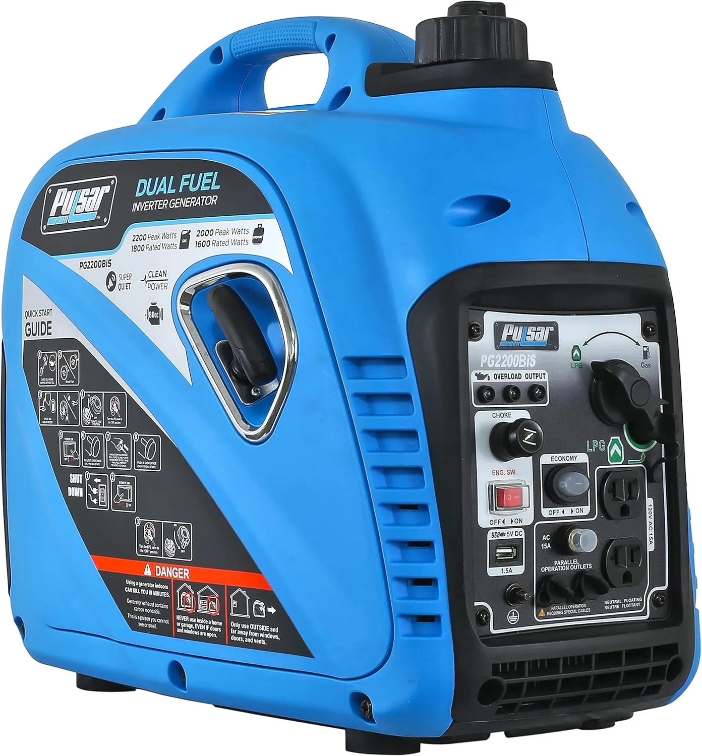 Pulsar 2,200W Portable Dual Fuel Quiet Inverter Generator with USB Outlet & Parallel Capability, CARB Compliant, PG2200BiS
