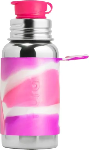 Pura Sport 18 oz / 550 ml Stainless Steel Water Bottle with Silicone Sport Flip Cap & Sleeve, Pink Swirl
