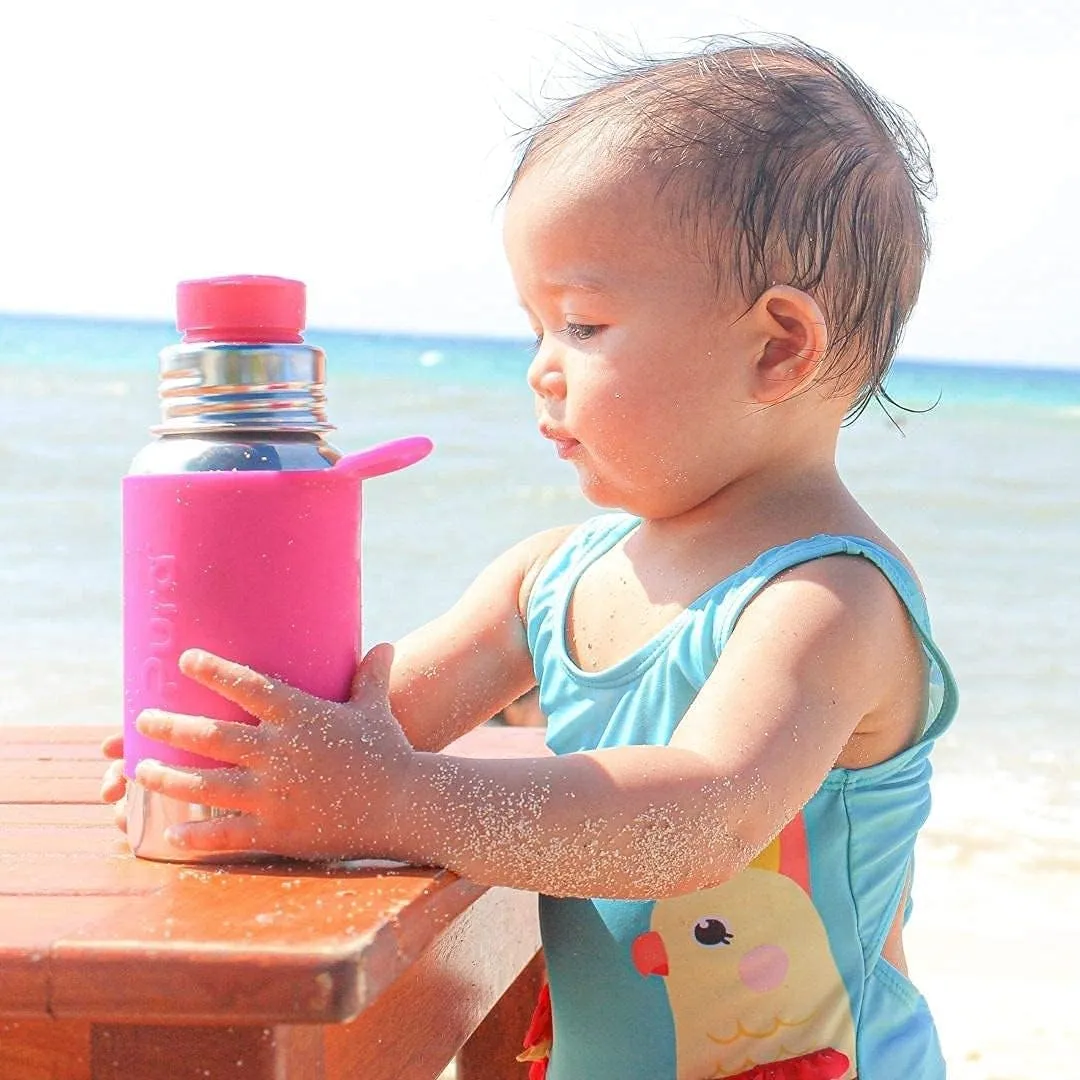 Pura Sport 18 oz / 550 ml Stainless Steel Water Bottle with Silicone Sport Flip Cap & Sleeve, Pink Swirl