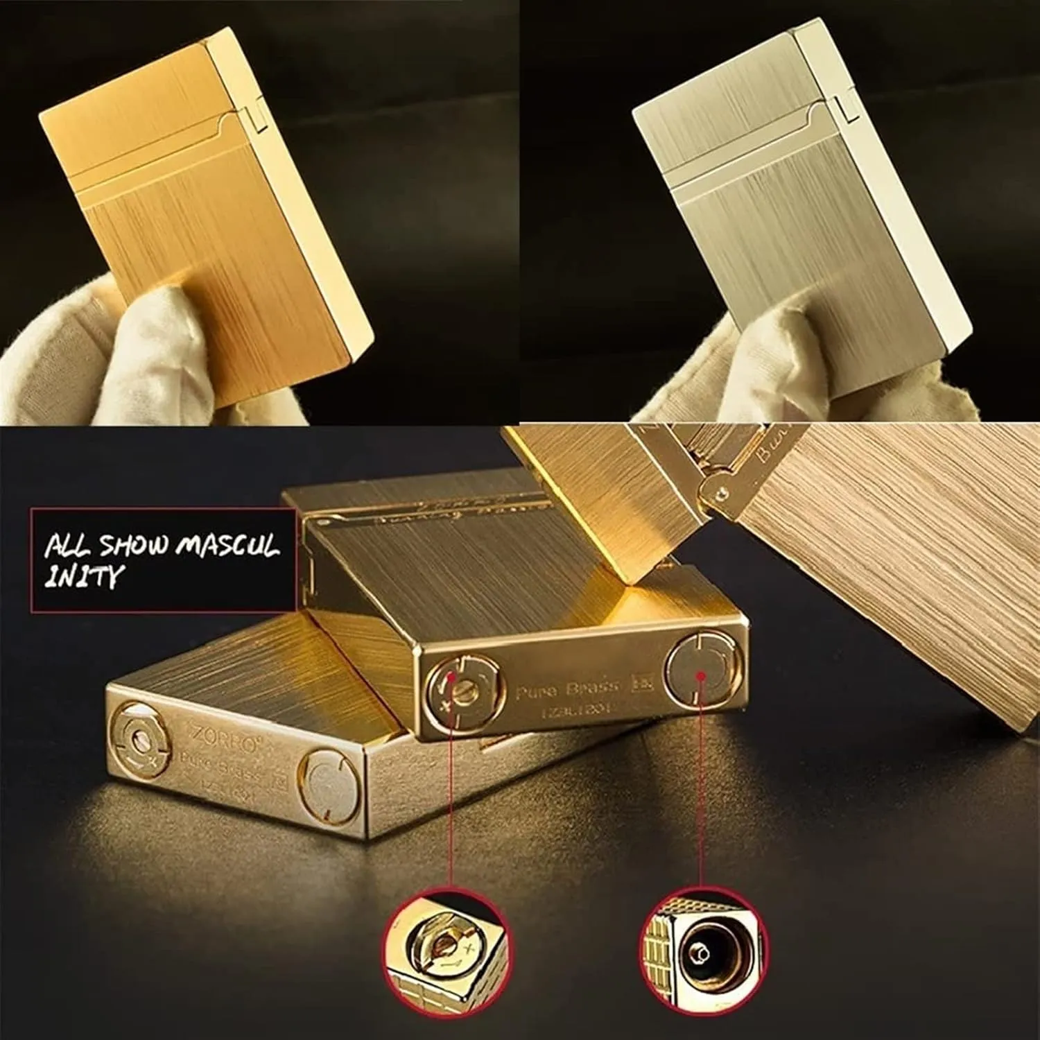 Pure Copper Creative Brass Lighter, Retro Crisp Sound Lighter Adjustable Soft Flame with Flint Side Sliding Grinding Wheel Ultra-Thin Cigarette Lighter (Without Fuel)(C)