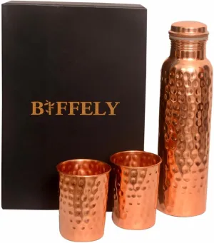 Pure Copper Water Bottle – 1000ml (34 oz) Leak-Proof Ayurvedic Bottle | Handmade, BPA-Free, Joint-Free Design for Health, Yoga, Office & Travel | - Premium Gift Packaging (With 2 Tumblers)
