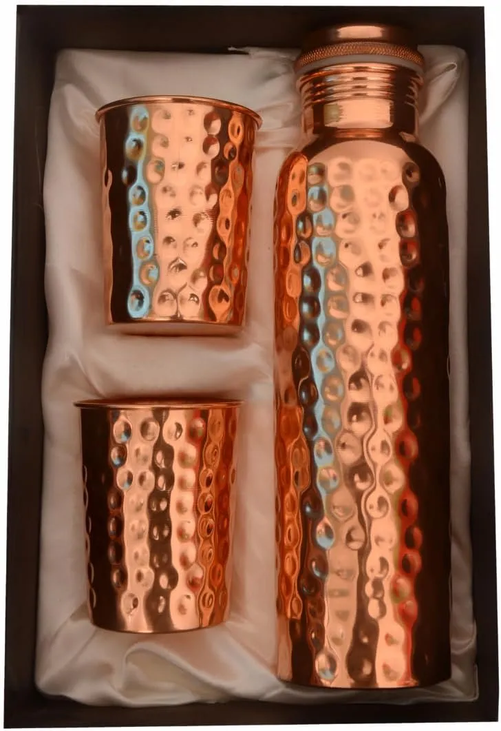 Pure Copper Water Bottle – 1000ml (34 oz) Leak-Proof Ayurvedic Bottle | Handmade, BPA-Free, Joint-Free Design for Health, Yoga, Office & Travel | - Premium Gift Packaging (With 2 Tumblers)