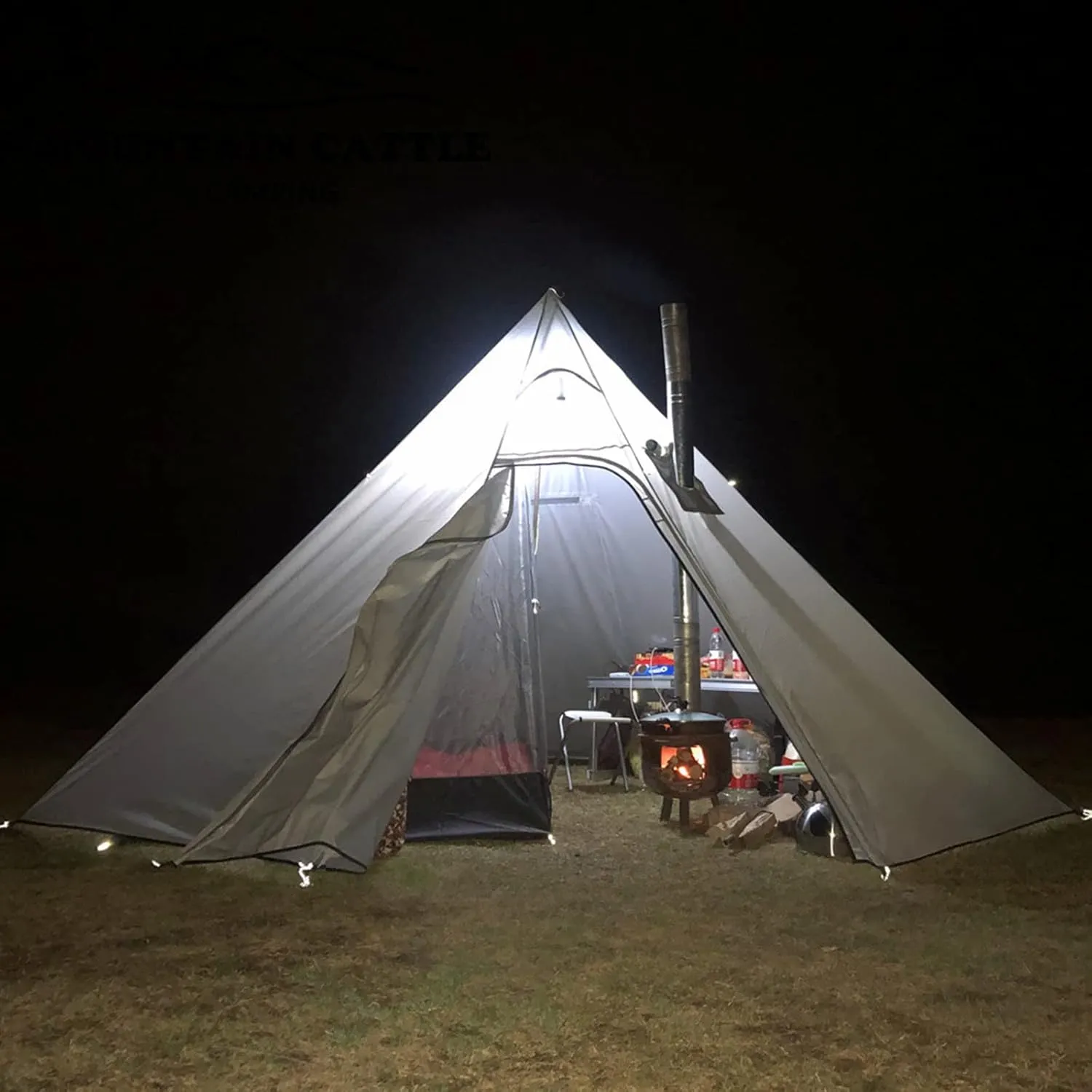 Pyramid Tent Tipi Hot Tents with Stove Hole Windows Outdoor Camping Family Teepee Indian Tent for 2-4 Person for Outdoor Travel Hiking Accessories