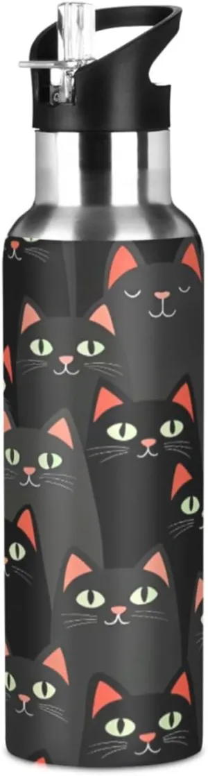 Qilmy Black Cat Sport Water Bottle with Straw Lid Double Wall Vacuum Insulated Flask Stainless Steel Water Bottle 20 oz