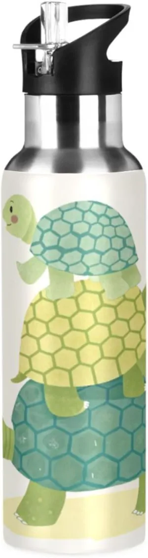 Qilmy Cartoon Three Turtles Sport Water Bottle with Straw Lid Double Wall Vacuum Insulated Flask Stainless Steel Water Bottle 20 oz