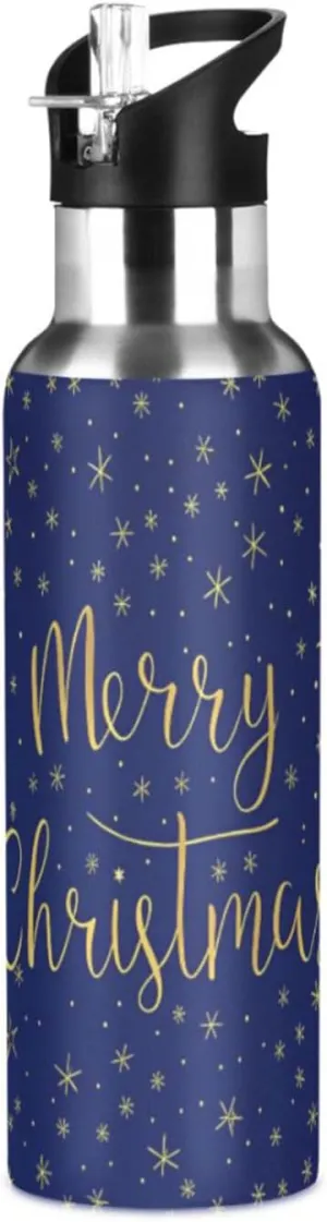 Qilmy Christmas Starry Print Sport Water Bottle with Straw Lid Double Wall Vacuum Insulated Flask Stainless Steel Water Bottle 20 oz