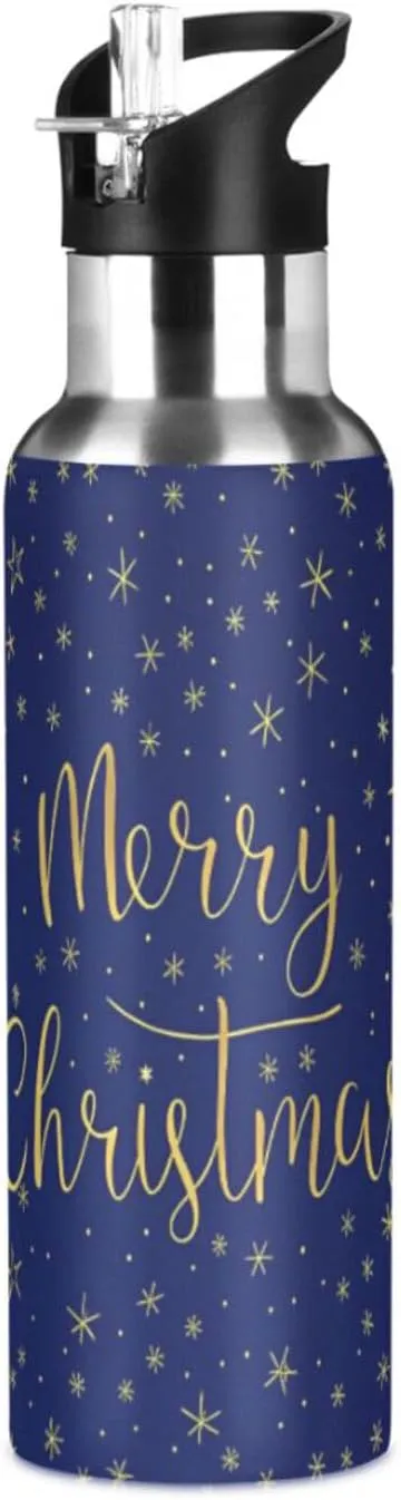 Qilmy Christmas Starry Print Sport Water Bottle with Straw Lid Double Wall Vacuum Insulated Flask Stainless Steel Water Bottle 20 oz