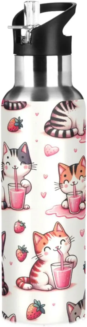 Qilmy Cute Style Sport Water Bottle with Straw Lid Double Wall Vacuum Insulated Flask Stainless Steel Water Bottle 20 oz
