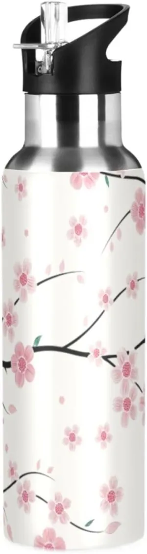 Qilmy Floral Sakura Pattern Sport Water Bottle with Straw Lid Double Wall Vacuum Insulated Flask Stainless Steel Water Bottle 20 oz
