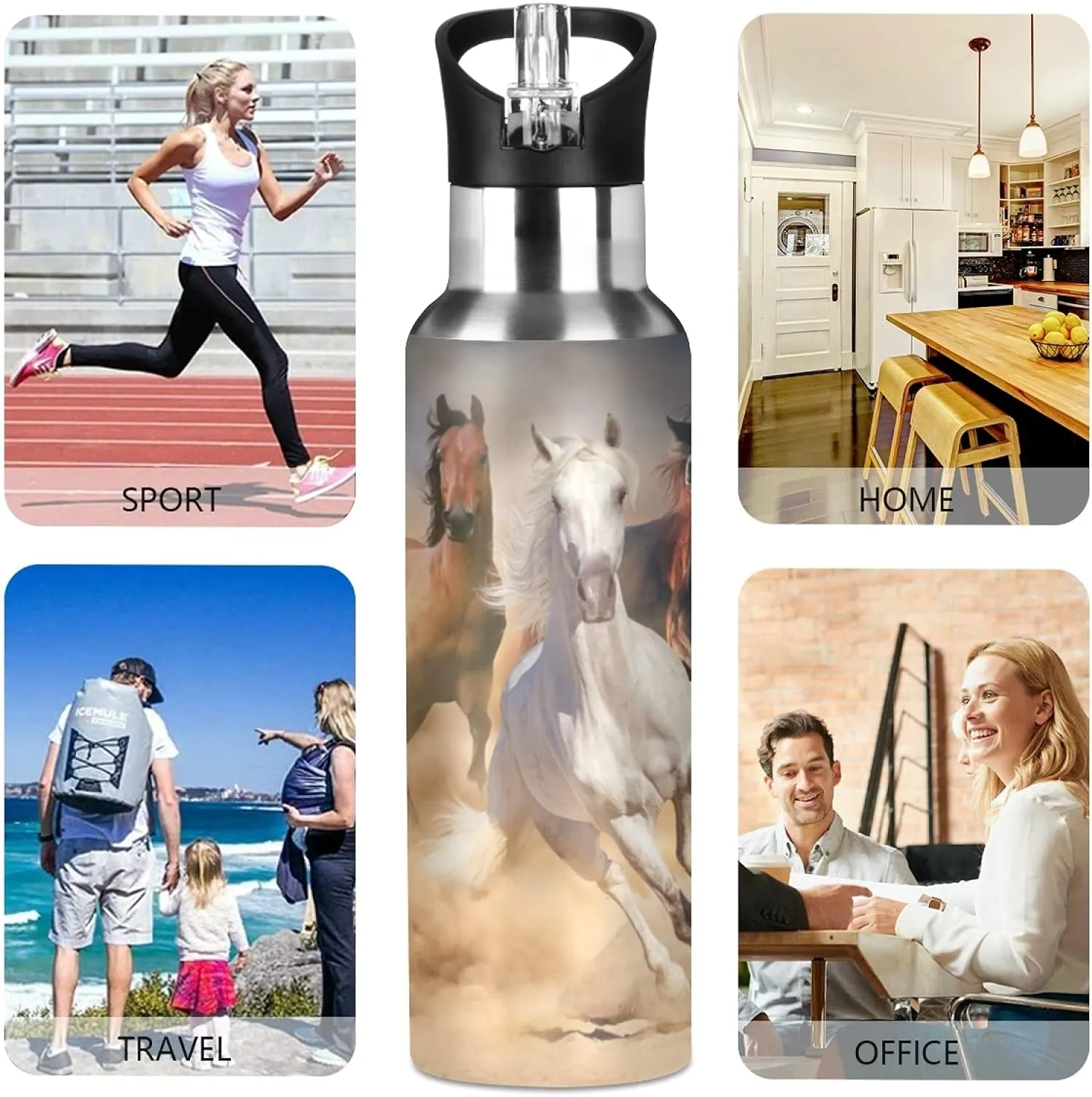 Qilmy Horse Sport Water Bottle with Straw Lid Double Wall Vacuum Insulated Flask Stainless Steel Water Bottle 20 oz