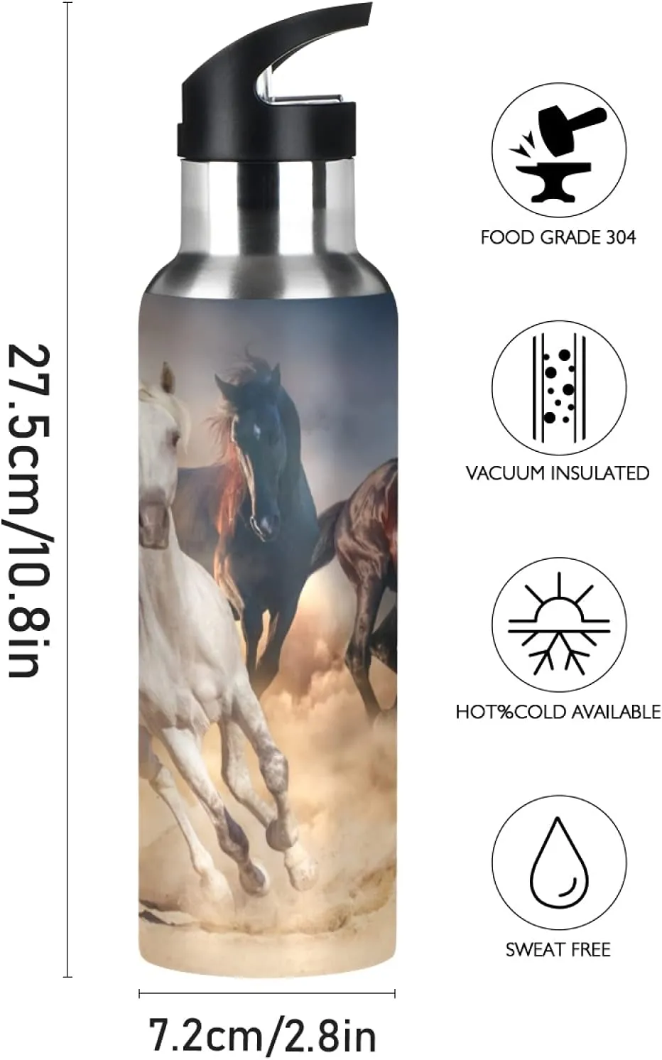 Qilmy Horse Sport Water Bottle with Straw Lid Double Wall Vacuum Insulated Flask Stainless Steel Water Bottle 20 oz