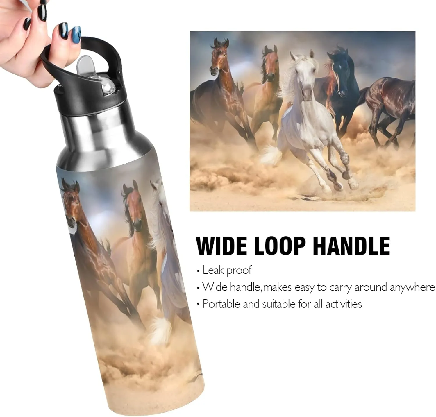 Qilmy Horse Sport Water Bottle with Straw Lid Double Wall Vacuum Insulated Flask Stainless Steel Water Bottle 20 oz
