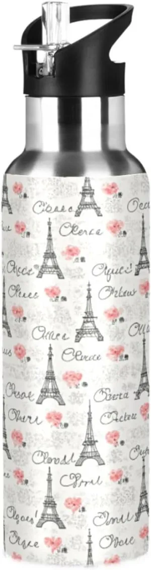 Qilmy Paris Eiffel Tower Sport Water Bottle with Straw Lid Double Wall Vacuum Insulated Flask Stainless Steel Water Bottle 20 oz