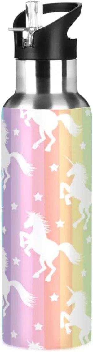 Qilmy Rainbow Horse Stripe Sport Water Bottle with Straw Lid Double Wall Vacuum Insulated Flask Stainless Steel Water Bottle 20 oz