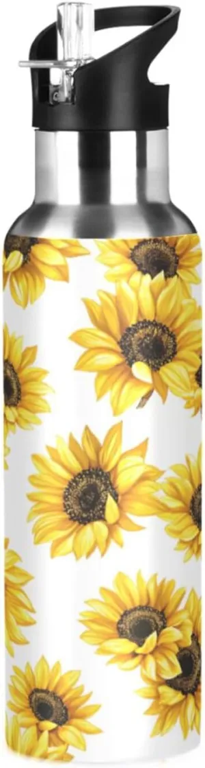 Qilmy Sunflower Sport Water Bottle with Straw Lid Double Wall Vacuum Insulated Flask Stainless Steel Water Bottle 20 oz