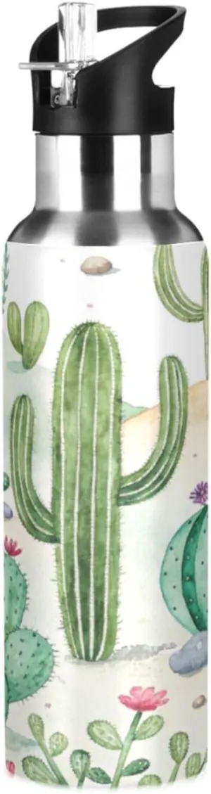Qilmy Watercolor Cactus Plants Sport Water Bottle with Straw Lid Double Wall Vacuum Insulated Flask Stainless Steel Water Bottle 20 oz
