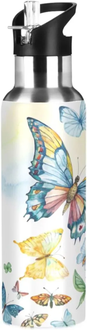 Qilmy Watercolor Flying Butterfly Sport Water Bottle with Straw Lid Double Wall Vacuum Insulated Flask Stainless Steel Water Bottle 20 oz