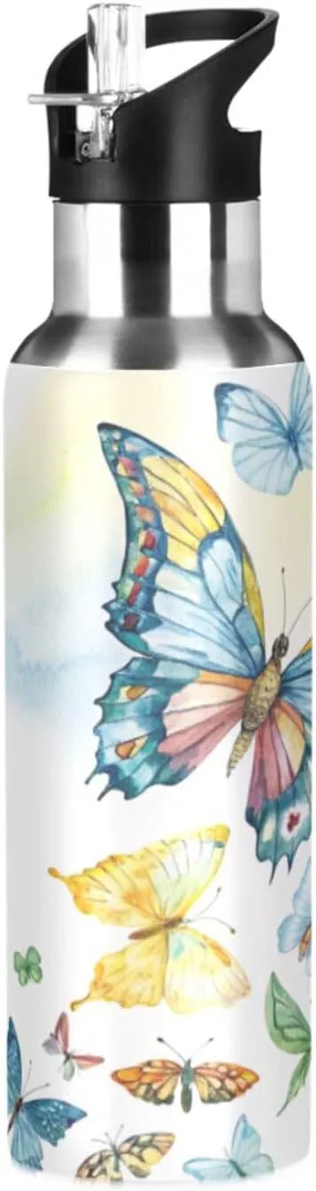 Qilmy Watercolor Flying Butterfly Sport Water Bottle with Straw Lid Double Wall Vacuum Insulated Flask Stainless Steel Water Bottle 20 oz