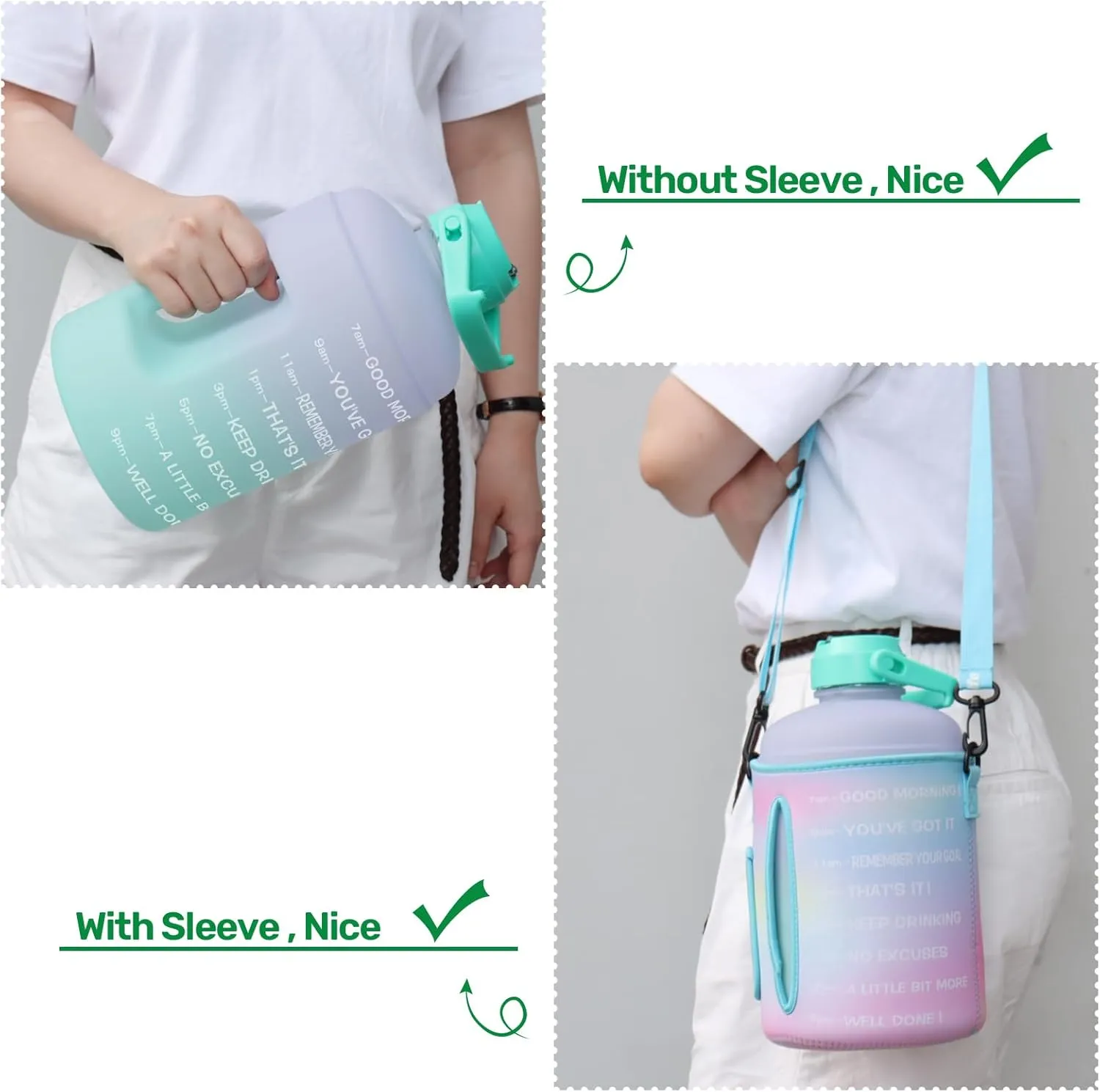 QuiFit 1 Gallon Water Bottle - with Straw & Motivational Time Marker Leak-Proof BPA Free Reusable Gym Sports Outdoor Large(128OZ/73OZ) Capacity Water Jug